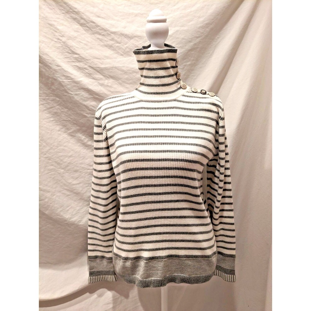 Nautica Womens Size Large Gray/Off White Turtleneck Sweater Button Shoulder/Neck